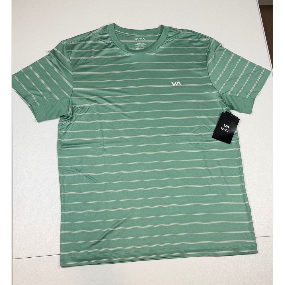 RVCA Mens Sweep Stripe Crew SS Tee Green Striped Performance Shirt Small UPF 50+